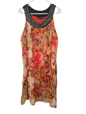 MLLE GABRIELLE SEQUIN COllAR, SLEEVELESS ABSTRACT, FULLY LINED MIDI DRESS. SZ 3X